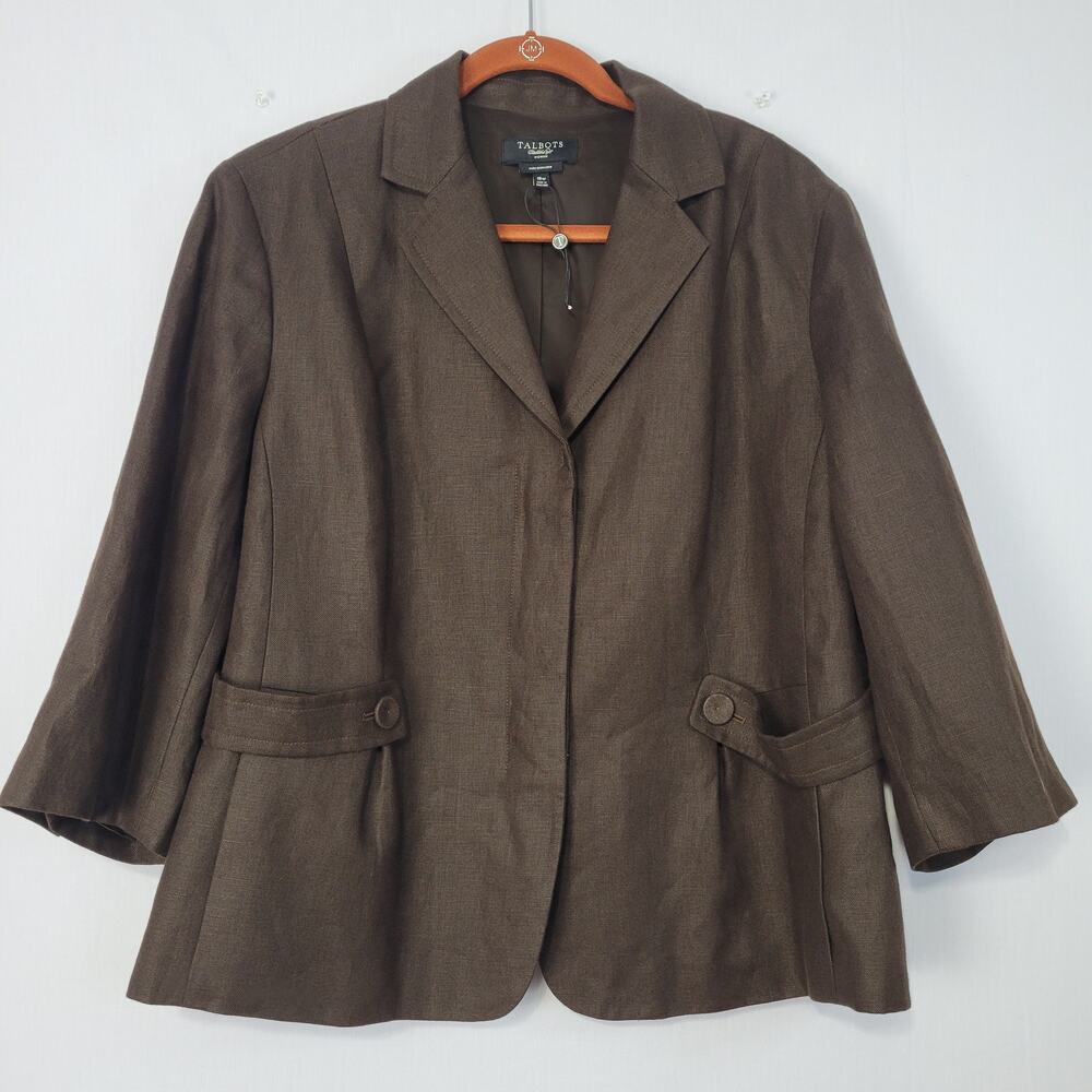 Talbots Pure Irish Linen Blazer size 18W Brown Office Career Wear Minimalist New